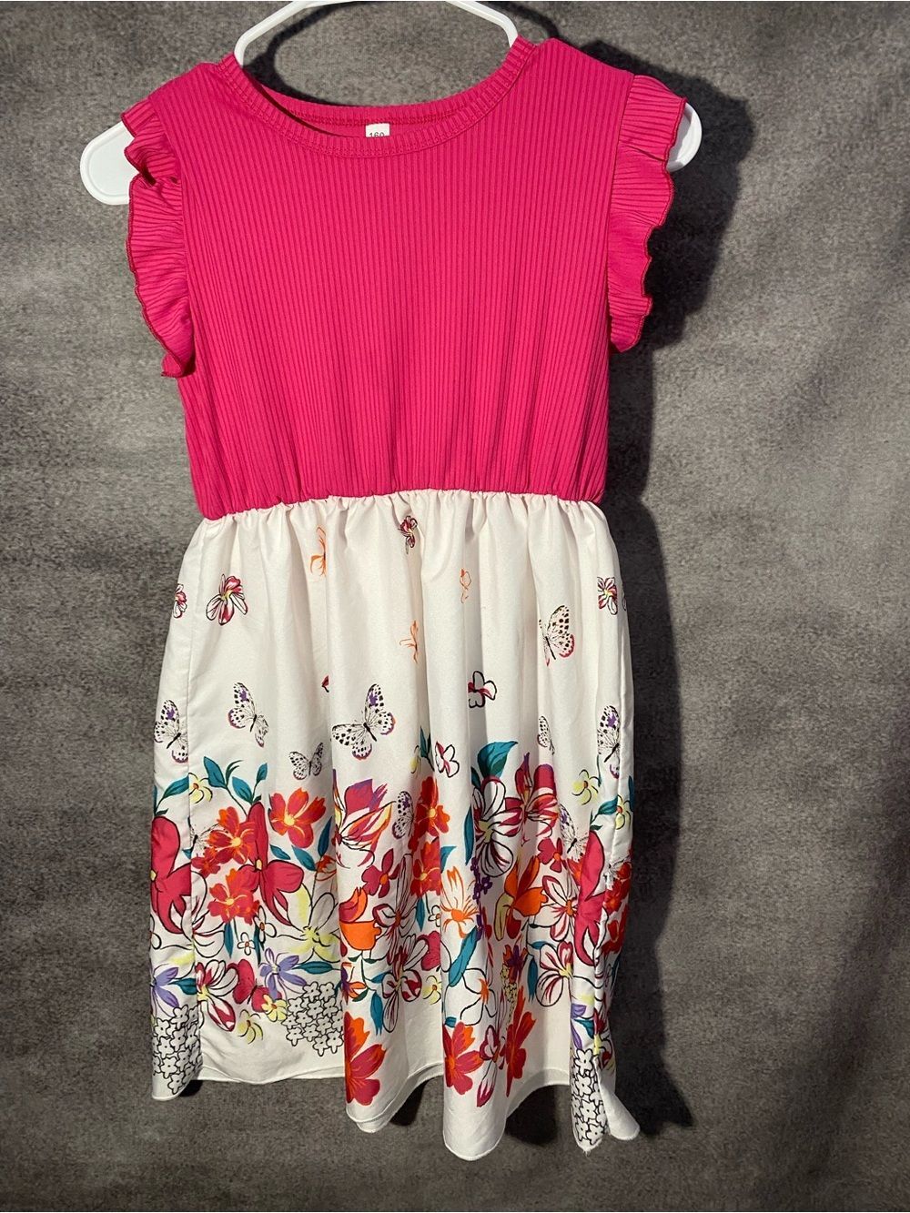 Girls Pink & White Floral Butterfly Dress SZ 12/14 Large Unbranded